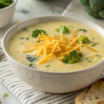 A bowl of broccoli cheese soup topped with croutons, shredded